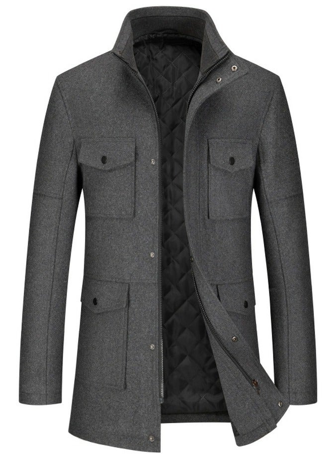 Loquat Men's Double Collar Wool Blend Coat Winter Thick Trench Jacket Grey  - Image 1