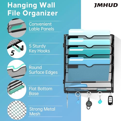 JMHUD 5 Tier Wall File Organizer Hanging File Organizer with 5 Hooks Mail Holder Wall Mounted for Papers Folders Magazines Bills OfficeSchool Organization Black - Image 3