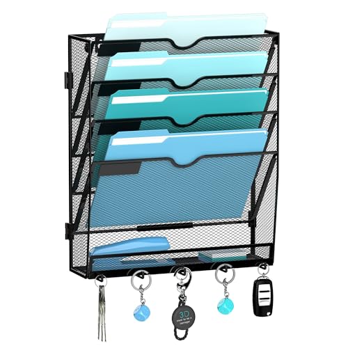 JMHUD 5 Tier Wall File Organizer Hanging File Organizer with 5 Hooks Mail Holder Wall Mounted for Papers Folders Magazines Bills OfficeSchool Organization Black - Image 1