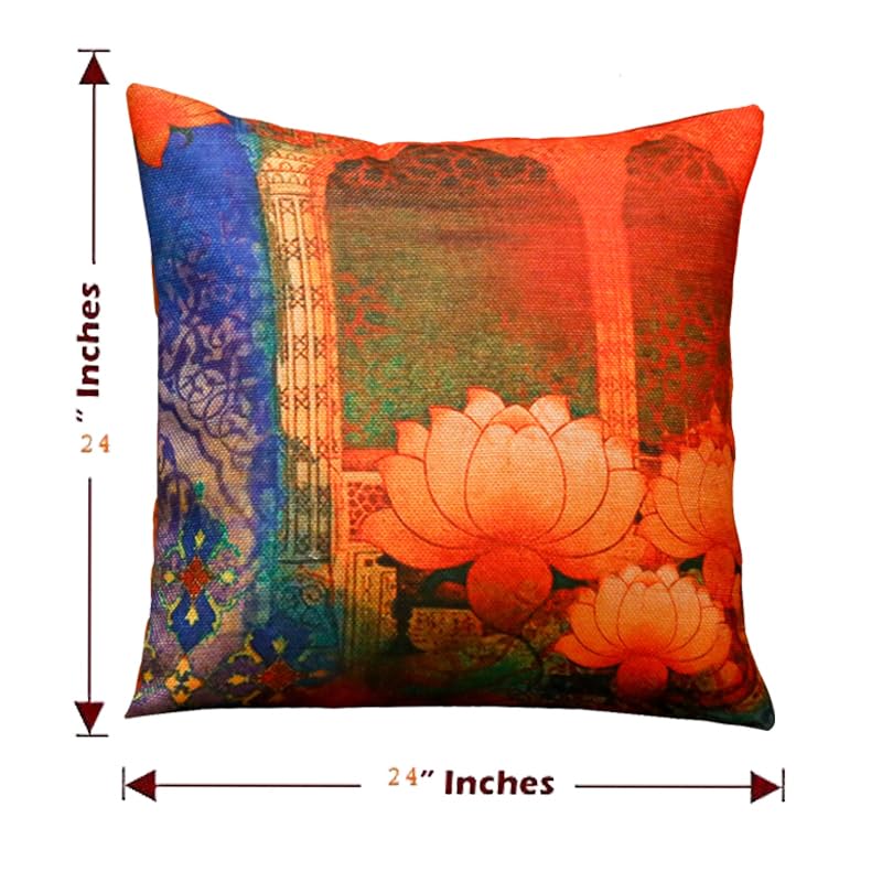 Belive-Me BeliveMe Digital Print Lotus Flower Jute Large Floral Cushion Covers Set of 2 Pieces for Sofa 24 x 24inch 60 x60 cm Multicolour  - Image 3