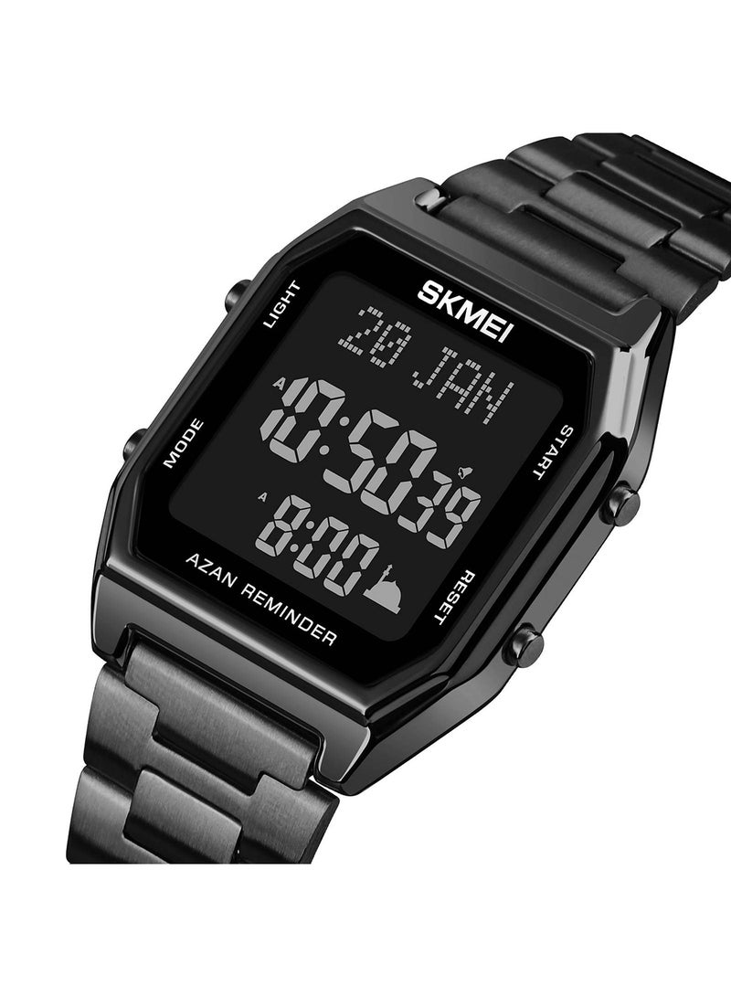 Men's Muslim Stainless Steel Strap Digital Square Azan Watch 3671BKBK - Image 3
