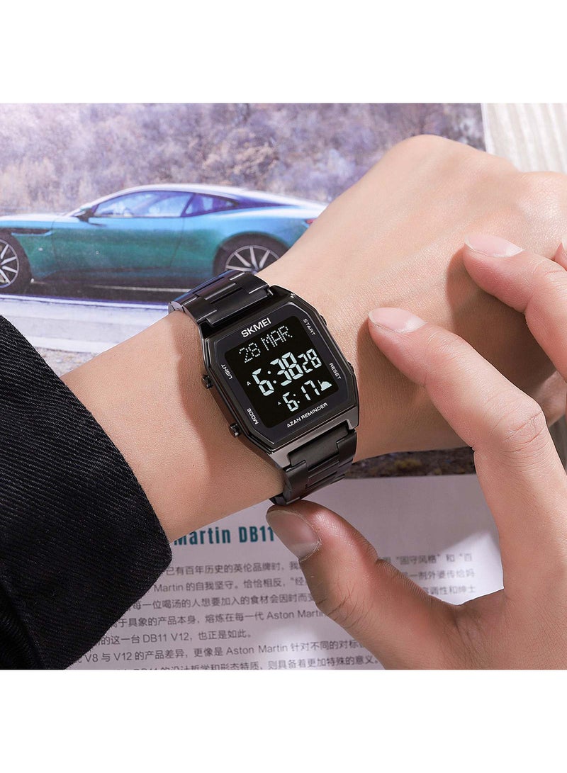 Men's Muslim Stainless Steel Strap Digital Square Azan Watch 3671BKBK - Image 5