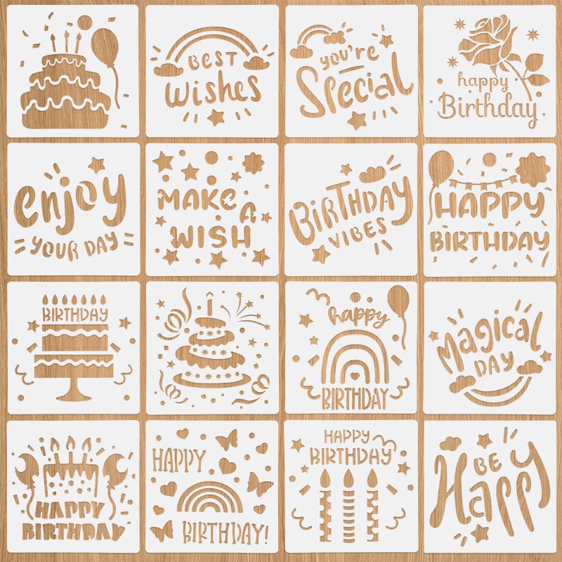 JIYIN 16 Pcs Happy Birthday Stencil for Cakes 59 x 59 inches Reusable Happy Bithday Cake Stencils Cake Drawing Templates for Cookie Bread Coffee Painting Craft - Image 3