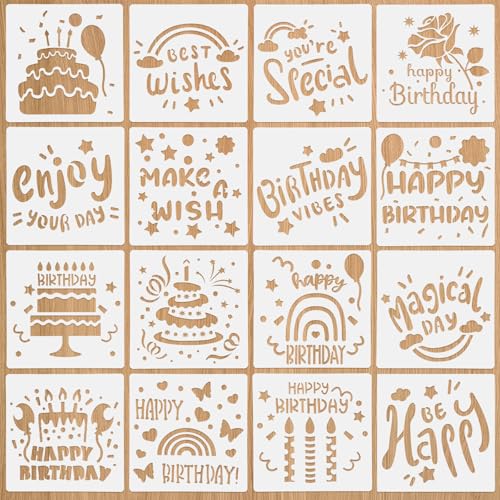 JIYIN 16 Pcs Happy Birthday Stencil for Cakes 59 x 59 inches Reusable Happy Bithday Cake Stencils Cake Drawing Templates for Cookie Bread Coffee Painting Craft - Image 1