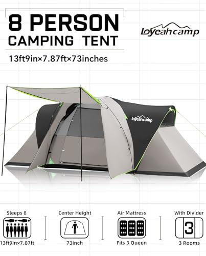 LOYEAHCAMP 8 Person Larger Extended Dome Camping Tent with 3 Rooms, Waterproof Semi-Freestanding Family Outdoor Tent with Porch and Spacious Interior - Image 2