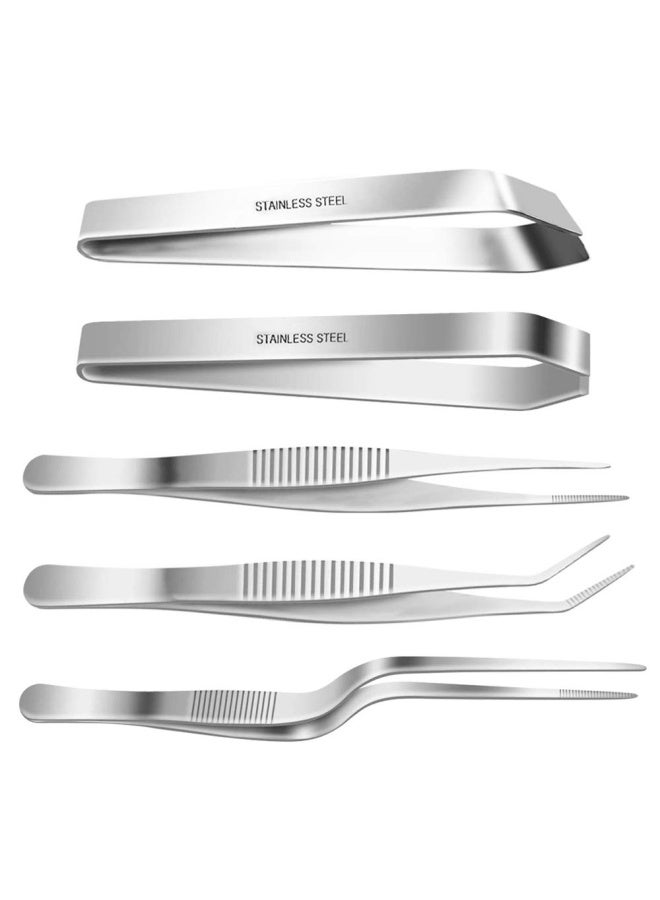SelfTek Stainless Steel Tongs Tweezers 5 Piece Set 3 Pcs 6.3 Inch Tweezers 4.7 Inch Flat and Slant Fish Bone Tweezers Pliers Compatible with Chef Cooking Utensils Precision Serrated Tips Medical Bea - Image 1