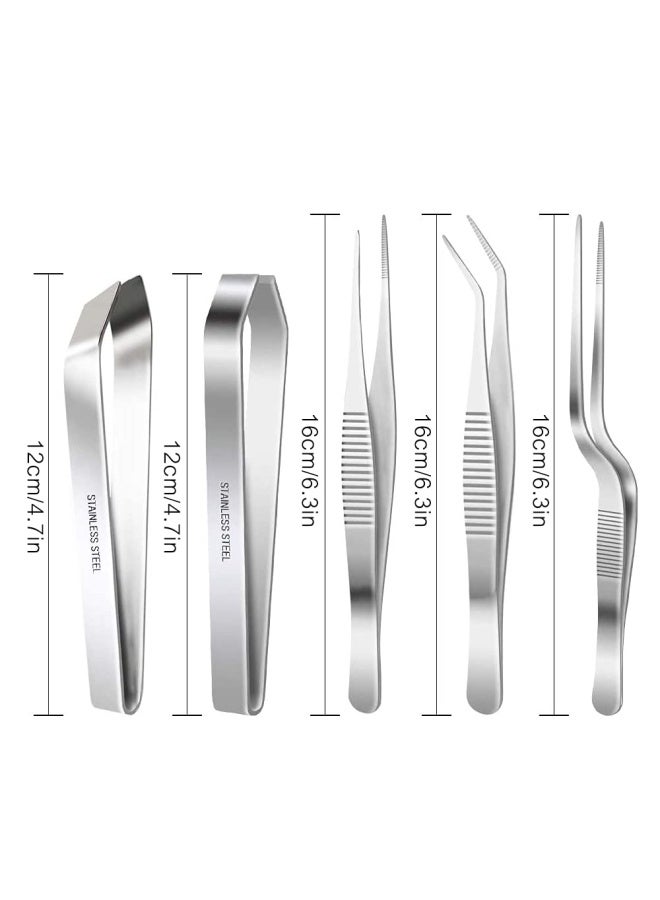 SelfTek Stainless Steel Tongs Tweezers 5 Piece Set 3 Pcs 6.3 Inch Tweezers 4.7 Inch Flat and Slant Fish Bone Tweezers Pliers Compatible with Chef Cooking Utensils Precision Serrated Tips Medical Bea - Image 2