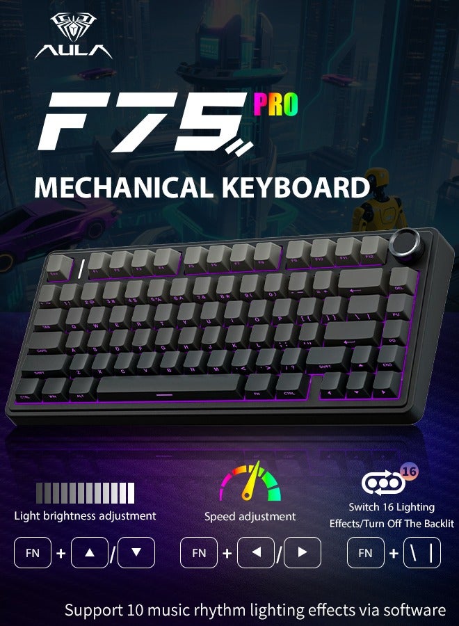 AULA F75 Pro Wireless Mechanical Keyboard,75% Hot Swappable Custom Keyboard with Knob,RGB Backlit,Pre-lubed Reaper Switches,Side Printed PBT Keycaps,2.4GHz/USB-C/BT5.0 Mechanical Gaming Keyboards - Image 1