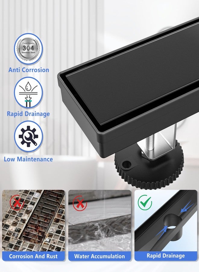 YEFU Black Linear Shower Drain for Bathroom: 32 Inch Shower Drain with Tile Insert Grate - 304 Stainless Steel Rectangle Linear Drain - 2-in-1 Matte Black Shower Floor Drain - Image 3