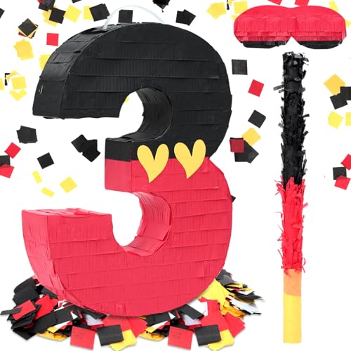 RoundFunny Number 3 Piata Black Red Piata First Birthday Party Supplies for Celebration for Boys Girls Fun Yellow Heart Black and Red Themed Party Decor 149 X 11 X 28 Inches - Image 1
