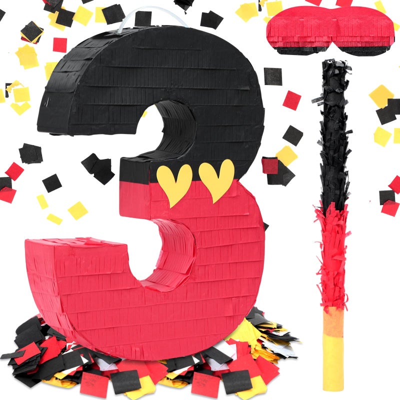 RoundFunny Number 3 Piata Black Red Piata First Birthday Party Supplies for Celebration for Boys Girls Fun Yellow Heart Black and Red Themed Party Decor 149 X 11 X 28 Inches - Image 3