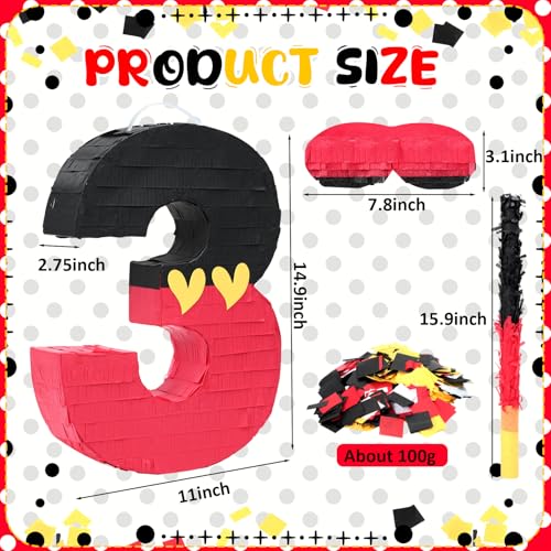 RoundFunny Number 3 Piata Black Red Piata First Birthday Party Supplies for Celebration for Boys Girls Fun Yellow Heart Black and Red Themed Party Decor 149 X 11 X 28 Inches - Image 5
