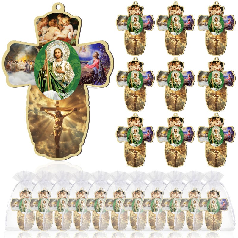 Landical 24 Pcs San Judas Tadeo Wood Wall Cross with Organza Gift Bags Novena Green Saint Jude Statues Catholic Religious Gifts for First Communion Baptism Favors Para Recuerdos De Bautizo - Image 2