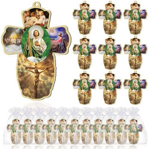 Landical 24 Pcs San Judas Tadeo Wood Wall Cross with Organza Gift Bags Novena Green Saint Jude Statues Catholic Religious Gifts for First Communion Baptism Favors Para Recuerdos De Bautizo - Image 1