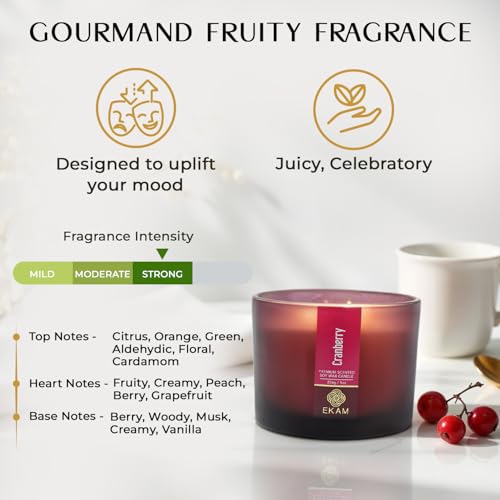 EKAM 3 Wick Soy Wax Scented Candle | Cranberry Fragrance | 35 Hr Burn | Long Lasting Premium Jar Candle for Home Decor, Relaxation & Gifting - Image 5