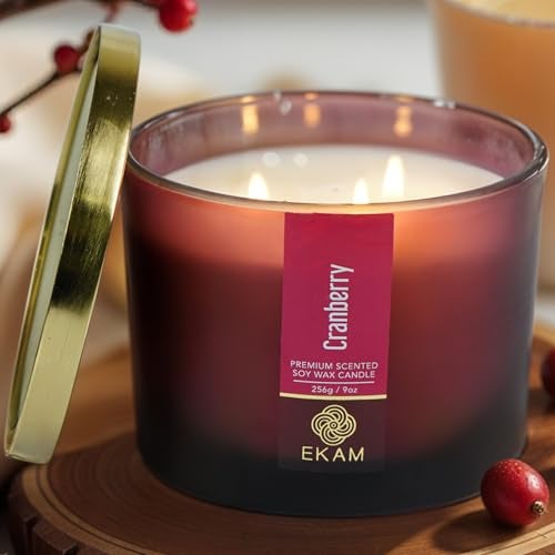 EKAM 3 Wick Soy Wax Scented Candle | Cranberry Fragrance | 35 Hr Burn | Long Lasting Premium Jar Candle for Home Decor, Relaxation & Gifting - Image 1