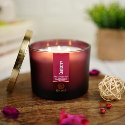 EKAM 3 Wick Soy Wax Scented Candle | Cranberry Fragrance | 35 Hr Burn | Long Lasting Premium Jar Candle for Home Decor, Relaxation & Gifting - Image 4