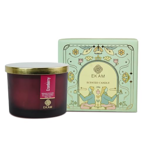EKAM 3 Wick Soy Wax Scented Candle | Cranberry Fragrance | 35 Hr Burn | Long Lasting Premium Jar Candle for Home Decor, Relaxation & Gifting - Image 3