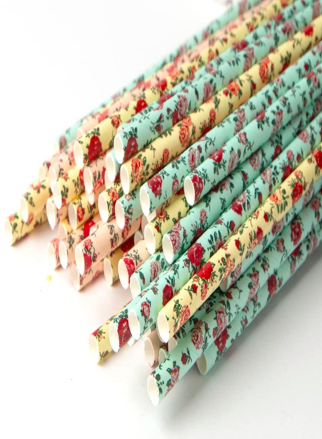 JPACO 75-Pack Eco-Friendly Biodegradable Paper Straws - Vintage Rose & Floral Design in Pink, Blue, Yellow - Disposable Straws for Parties By JPACO - Image 3