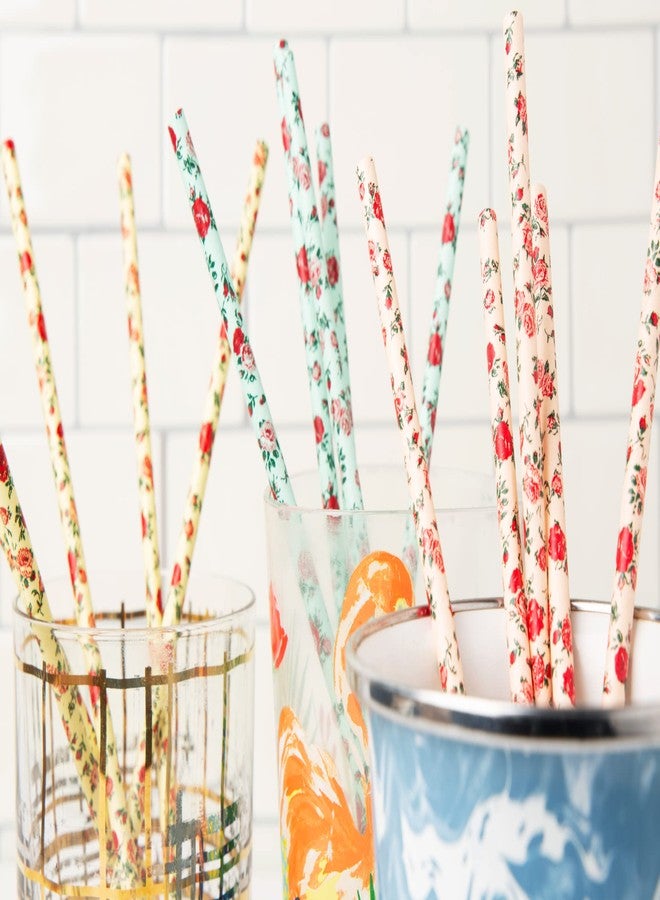 JPACO 75-Pack Eco-Friendly Biodegradable Paper Straws - Vintage Rose & Floral Design in Pink, Blue, Yellow - Disposable Straws for Parties By JPACO - Image 5