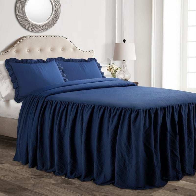 Lush Decor Ruffle Skirt Bedspread Set  3 Piece Luxurious Farmhouse Bedding Set  Elegant Charming Ruffle Detail  Timeless Style  Classic Design  Soft and Lightweight  Queen Navy