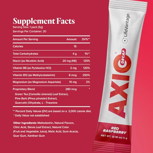 LifeVantage AXIO Regular Energy Drink Powder Nootropic Supplement Focus Mood Support with Ltheanine Green Tea B Vitamins DMAE Quercetin Pine Bark Red Raspberry 30 Packets - Image 5