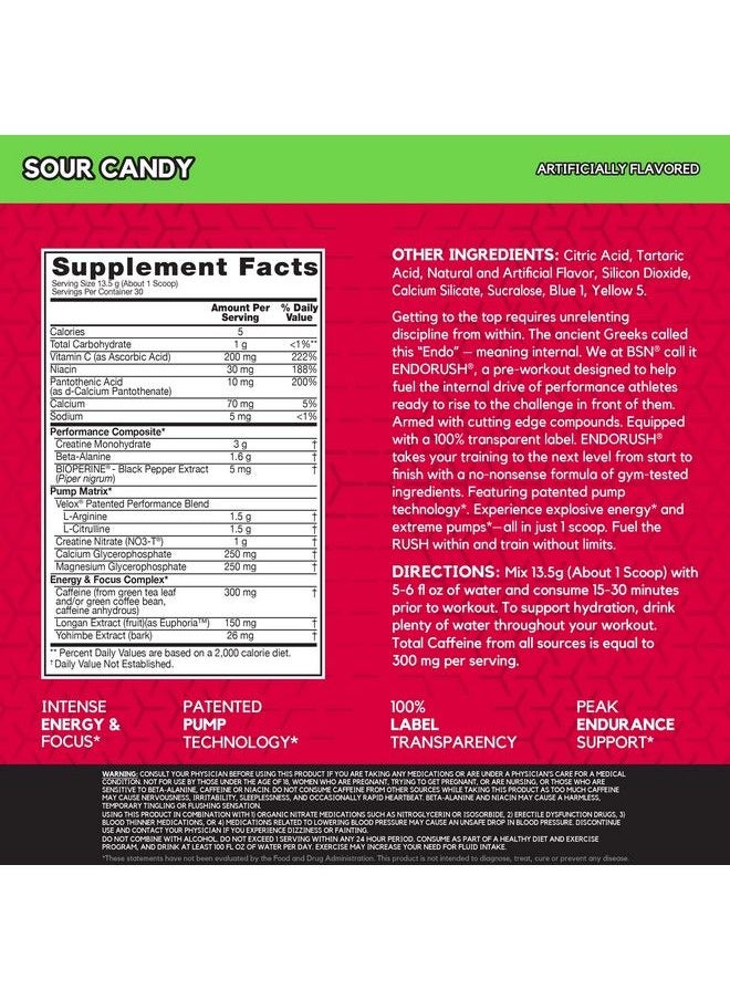 BSN - Endorush Pre Workout Powder Energy Supplement For Men And Women 300Mg Of Caffeine With Betaalanine And Creatine Sour Candy 30 Servings 14.3 Ounce (Pack Of 1) - Image 1