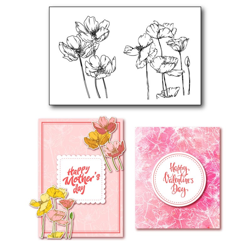 Arrietty Beautiful Blooming Poppies Poppy Flower Clear Stamps for Card Making or Journaling Artful Sketched Flowers Rubber Stamps for Journals Albums Scrapbooking Paper Crafts Decoration