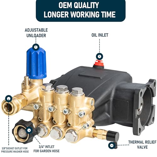 Hourleey Pressure Washer Pump, 3700PSI 2.5GPM 3/4" Shaft Horizontal Triplex Plunger Power Washer Pump Replacement with Adjustment Unloader, Compatible with Simpson MorFlex Models 40224, 40225, 40226 - Image 4