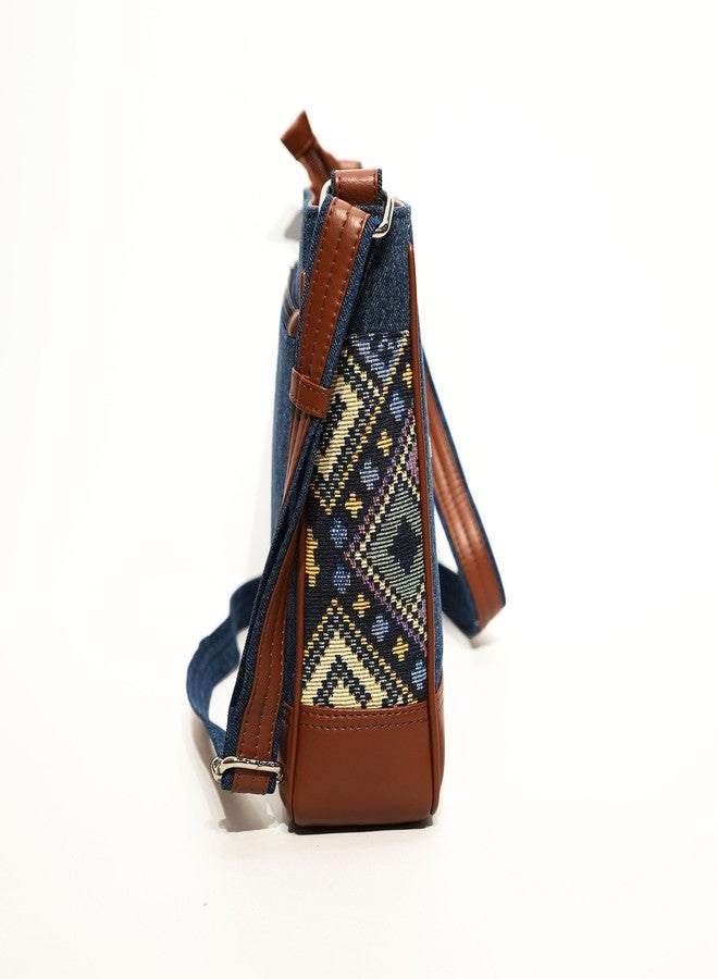 VARA Women’s Crossbody Sling Bag Denim | Faux Leather Shoulder Handbag | Boho Geometric Print | Stylish Casual Purse For Zipper Bag Office, Travel & Daily Use (Blue, Medium) - Image 3