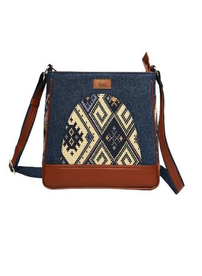 VARA Women’s Crossbody Sling Bag Denim | Faux Leather Shoulder Handbag | Boho Geometric Print | Stylish Casual Purse For Zipper Bag Office, Travel & Daily Use (Blue, Medium) - Image 1