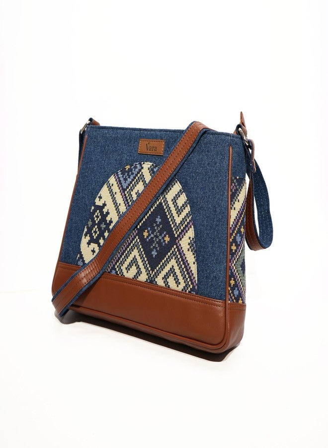 VARA Women’s Crossbody Sling Bag Denim | Faux Leather Shoulder Handbag | Boho Geometric Print | Stylish Casual Purse For Zipper Bag Office, Travel & Daily Use (Blue, Medium) - Image 4