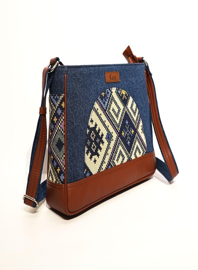 VARA Women’s Crossbody Sling Bag Denim | Faux Leather Shoulder Handbag | Boho Geometric Print | Stylish Casual Purse For Zipper Bag Office, Travel & Daily Use (Blue, Medium) - Image 2