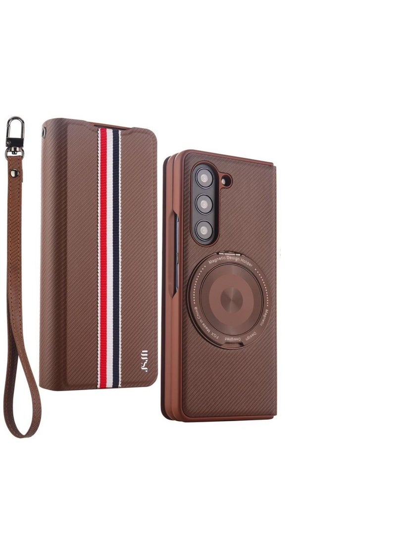 GALAXY FOLD 5 - JSJM BOOK WITH GLASS + MAGSAFE COVER LEATHER FASHION CASE FOR SAMSUNG GALAXY FOLD 5 ( Design - 120 ) [ Brown Color ]