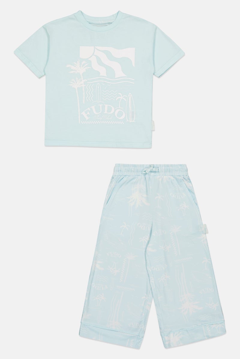 Fudo Lounge By Fudo Kids Boy 2 Pieces Graphic Print T-Shirt And Bottom Pyjama Set, Light Blue - Image 2