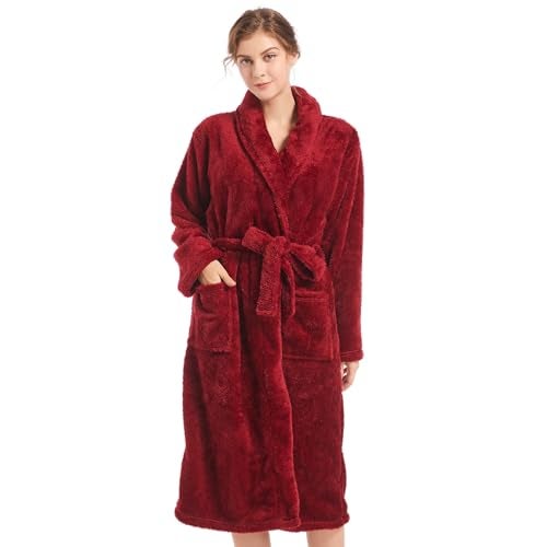 Inner Wish Womens Plush Fleece Robe, Cozy Warm Bathrobe Fuzzy Female Spa Robe With Pockets, BURGUNDY,L/XL - Image 1