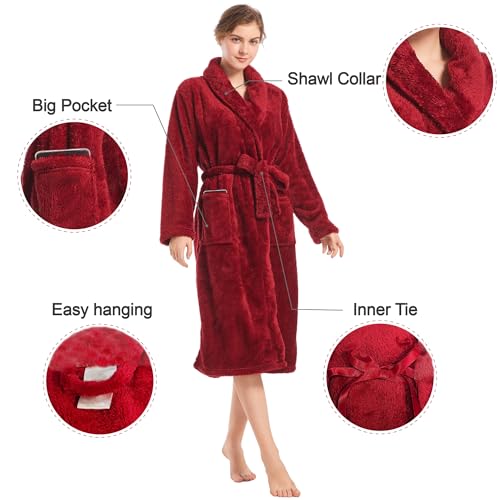 Inner Wish Womens Plush Fleece Robe, Cozy Warm Bathrobe Fuzzy Female Spa Robe With Pockets, BURGUNDY,L/XL - Image 5