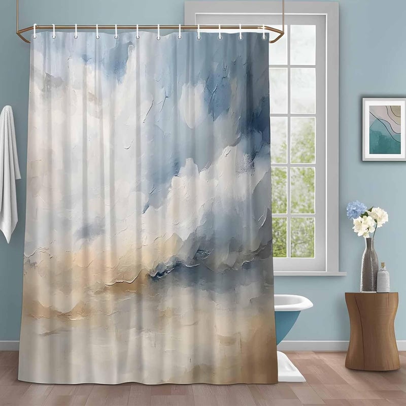 Blue Khaki Shower Curtain with 12 Hooks Modern Abstract Art Waterproof Fabric Shower Curtains Sets for Bathroom Bath Decorations, Machine Washable, 36"x78" - Image 1