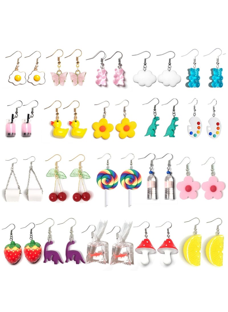 واي آند دي Earrings, 20 Pairs of Weird Cute Earrings Fun Duck Bear Goldfish Water Bottle Dinosaur Mushroom Butterfly Strawberry Pendant Earring Set for Ladies Girls  - Image 1