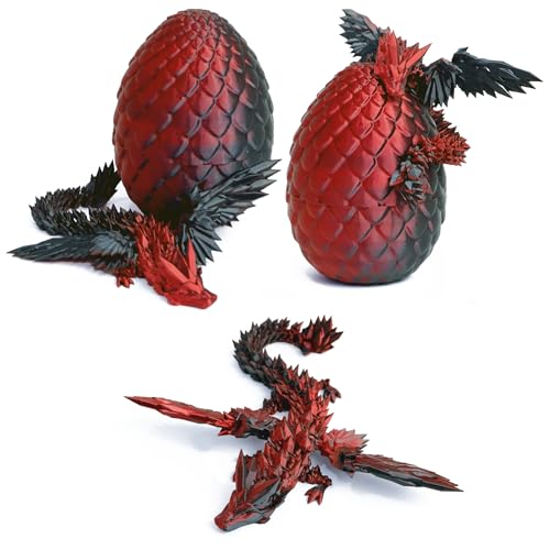 Flavery 3D Printed Flying Dragon in Egg Easter Egg with 9 Flexible Winged Dragon Inside Colorful Fidget Toy Birthday Gift Desk Pet Figure Black Red - Image 1