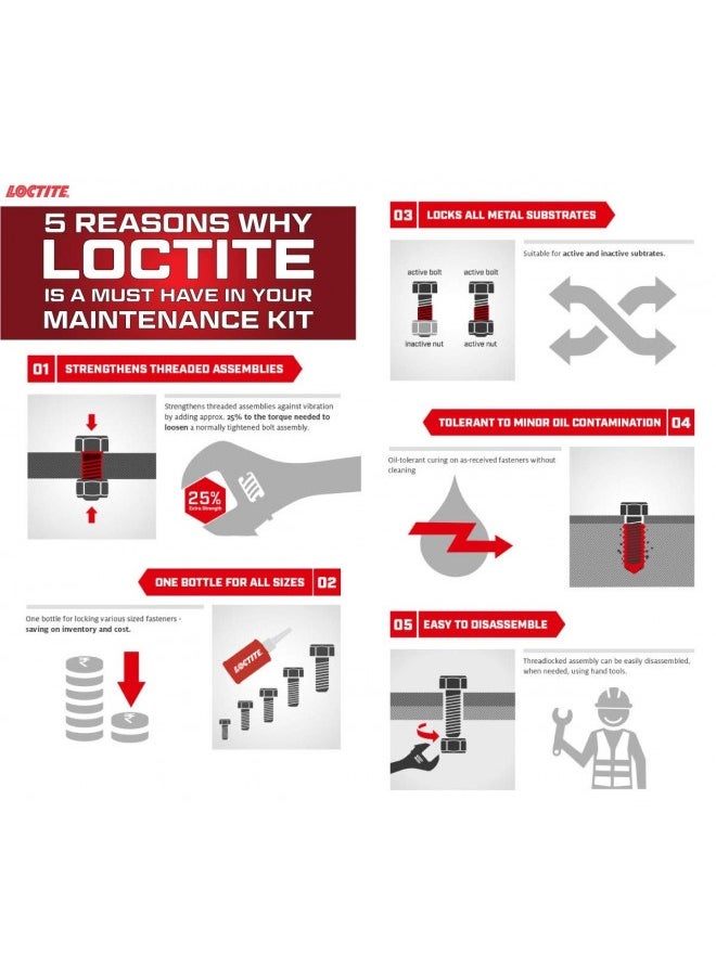 Loctite Loctite 262 Threadlocker For Automotive: High-Strength, Oil Tolerant, High-Temp, Anaerobic, Permanent, Works On All Metals, General Purpose | Red, 36 Ml Bottle (Pn: 37478-492141)  - Image 2