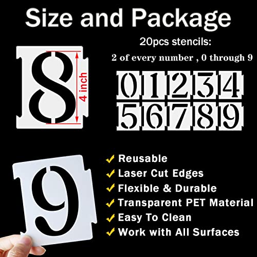 YEAJON 4 Inch Curb Stencil Kit 0-9 Address Number Stencils, 20Pcs Reusable 14 Mil Mylar Plastic Templates for Painting on Road, Wall, Wood, Mailbox - Image 2