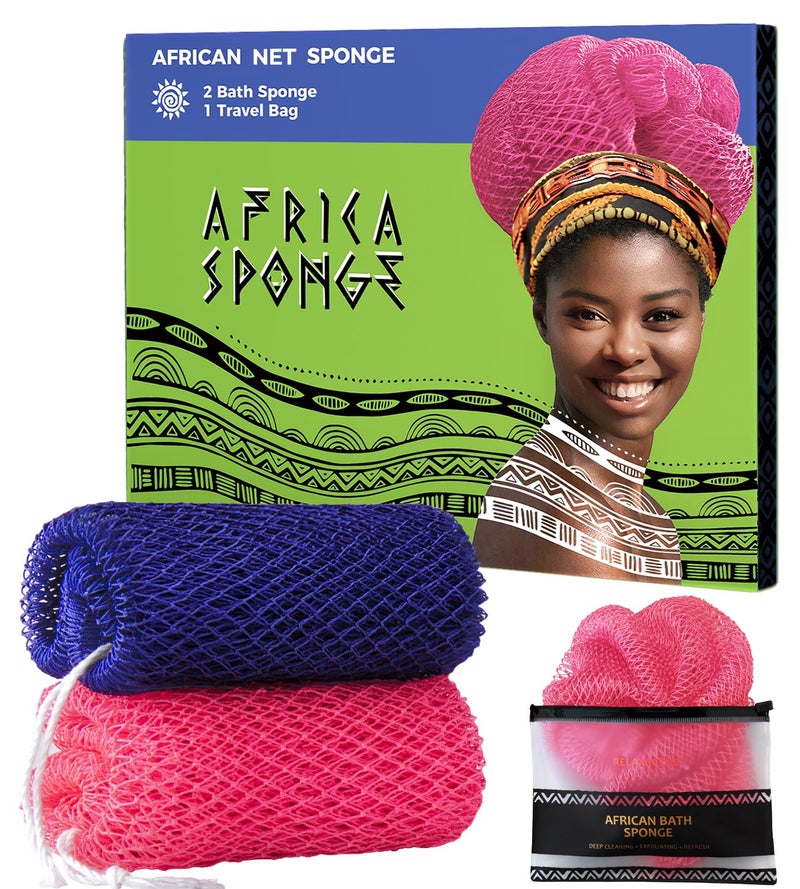 RelaxScene Loofah Sponge African Net Authentic - 2 Pieces Real African Exfoliating Sponge with Knots - African Net Wash Cloths for Body Scrubber Exfoliator Purple & Pink - Back Scrub for Shower Bath Accessories - Image 1
