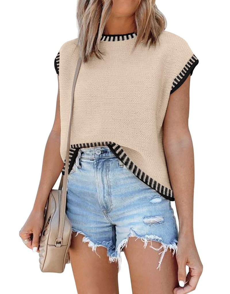Disamer Cap Sleeve Knit Sweater Tops Sleeveless Vest 2025 Spring Clothes Oversized Summer Tank Trendy Short Sleeve T Shirts,Line Apricot,X-Large - Image 1