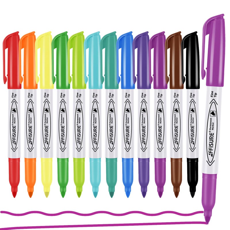Affisure Permanent Markers Assorted Colors Set, 12 Colored Markers 12 Pack, Fine Point，Works on Wood, Plastic, Metal, and More, for Adults, Artist, Teacher, Kids - Image 1