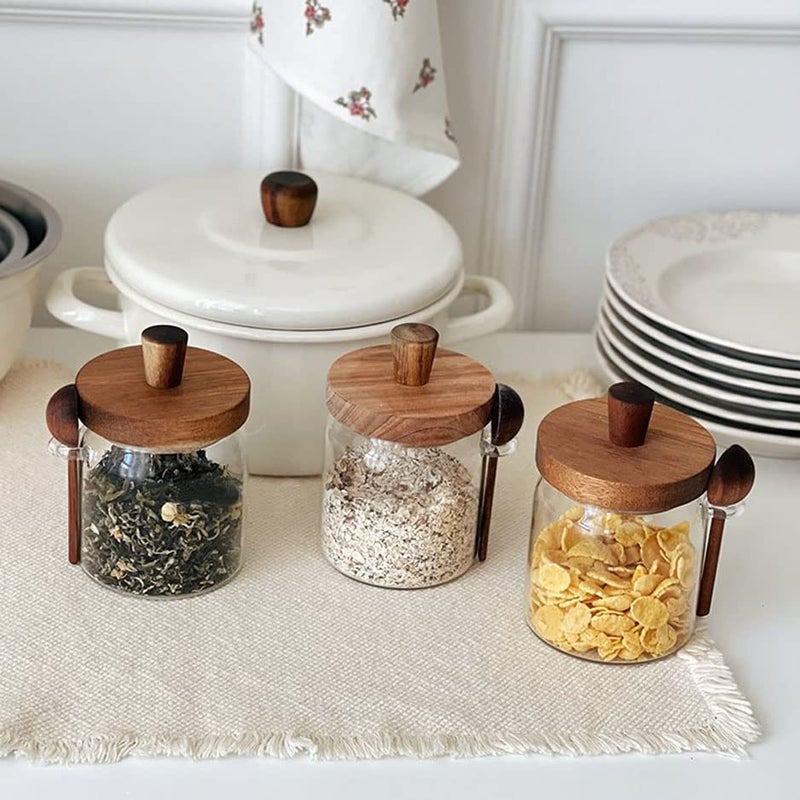 Piscepio Set of 3 Glass Jars Containers with Wooden Lids and Scoop Clear Canister Jars Set with Spoon for Kitchen Food Storage Coffee Tea Sugar Decorative Countertop Organization Jars 31 oz (3) - Image 2