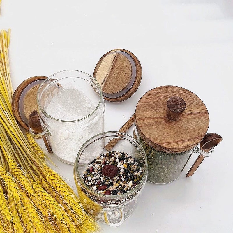 Piscepio Set of 3 Glass Jars Containers with Wooden Lids and Scoop Clear Canister Jars Set with Spoon for Kitchen Food Storage Coffee Tea Sugar Decorative Countertop Organization Jars 31 oz (3) - Image 3