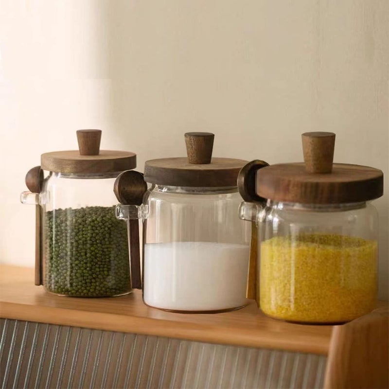 Piscepio Set of 3 Glass Jars Containers with Wooden Lids and Scoop Clear Canister Jars Set with Spoon for Kitchen Food Storage Coffee Tea Sugar Decorative Countertop Organization Jars 31 oz (3) - Image 5