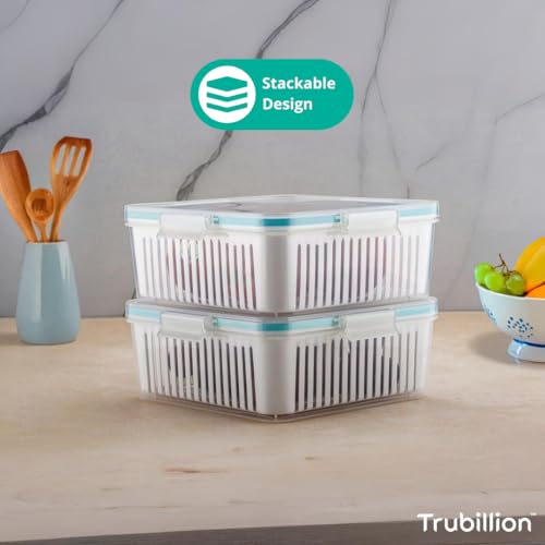 TRUBILLION Chillix 2200ml Airtight Fridge Storage Container with Drain Basket and 4 Locking Clips Food Grade BPA Free Moisture Proof Box for Vegetables Fruits Snacks Kitchen Freezer Safe - Image 4