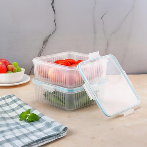 TRUBILLION Chillix 2200ml Airtight Fridge Storage Container with Drain Basket and 4 Locking Clips Food Grade BPA Free Moisture Proof Box for Vegetables Fruits Snacks Kitchen Freezer Safe - Image 1